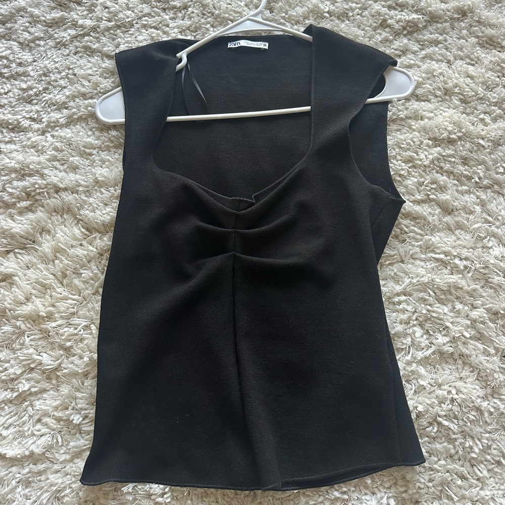 Zara Black Sleeveless Tank with Front Gather Detail